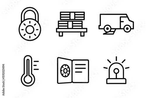 out stroke icon combination lock wheel currency bundle shelf armo cart ramp temperature monitor vault log book standby emergency mono icons style isolated