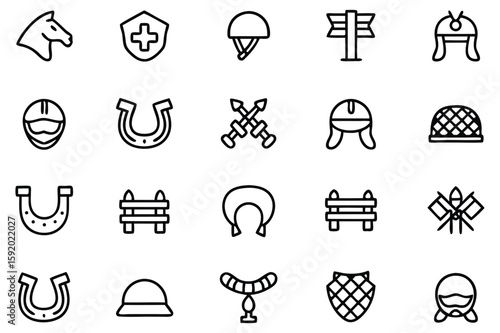 Equestrian and Historical Symbolism A Collection of Black and White Outlines Depicting Heritage and Sport