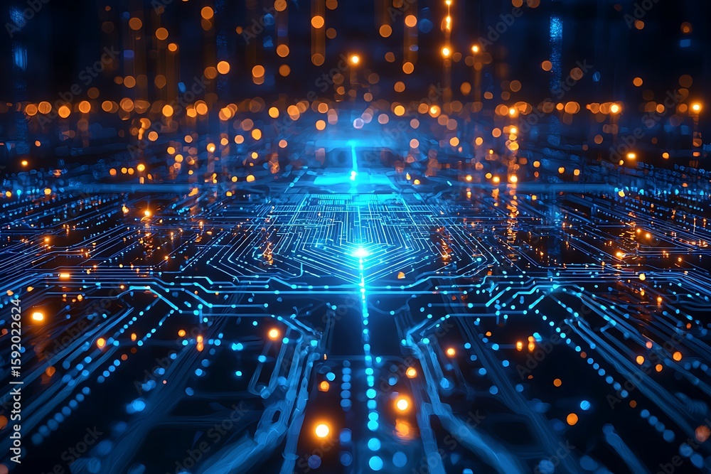 Fototapeta premium A digital futuristic circuit pattern with glowing blue lines, isolated for layering.