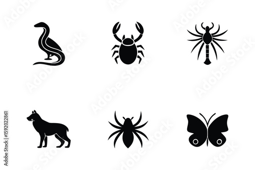 Black Silhouette Icons Displaying Variety of Animals and Insects, Including Reptiles, Arachnids and Mammals