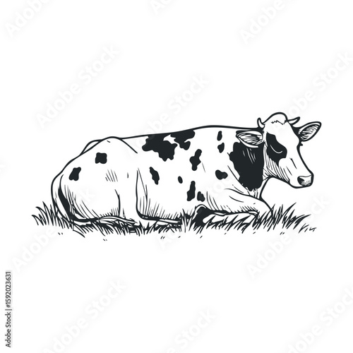 Relaxed dairy cow resting on grass in peaceful countryside setting