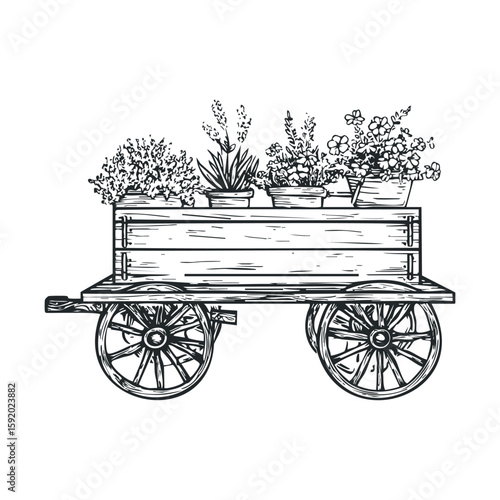 Wooden cart with potted plants bringing charm to garden decor