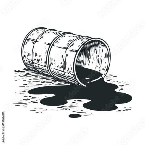 Spilled black liquid from a barrel on the ground surface