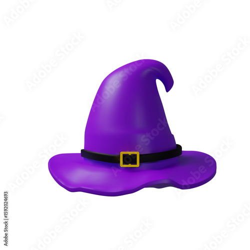 3D vector illustration of a glossy purple witch hat with wide brim and black belt. Magical and spooky element for Halloween, fantasy designs, costume graphics, or enchanted character assets.