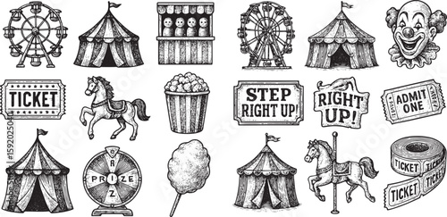 Vintage Circus Illustration Set with Ferris Wheel, Clowns, Tickets, and Carnival Icons