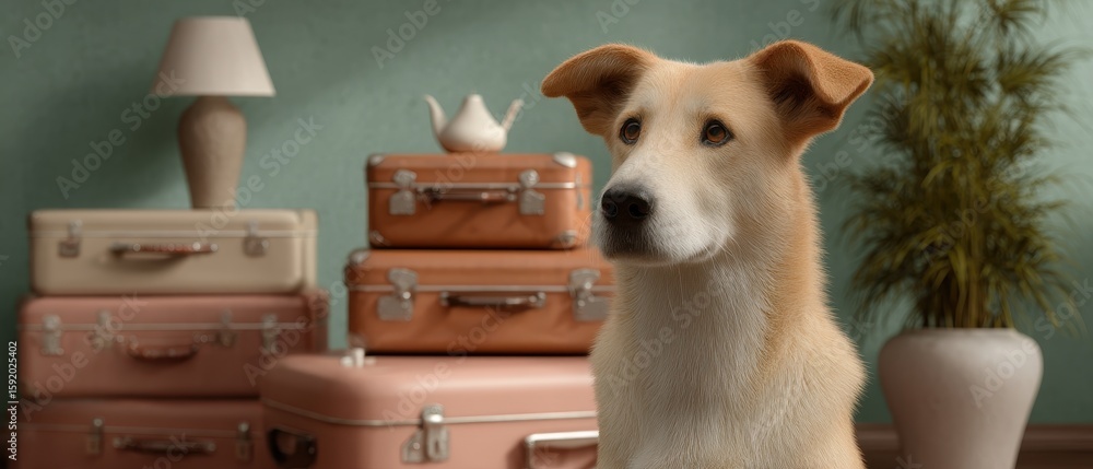 Fototapeta premium Disappointed dog observing family packing for trip with luggage and home decor