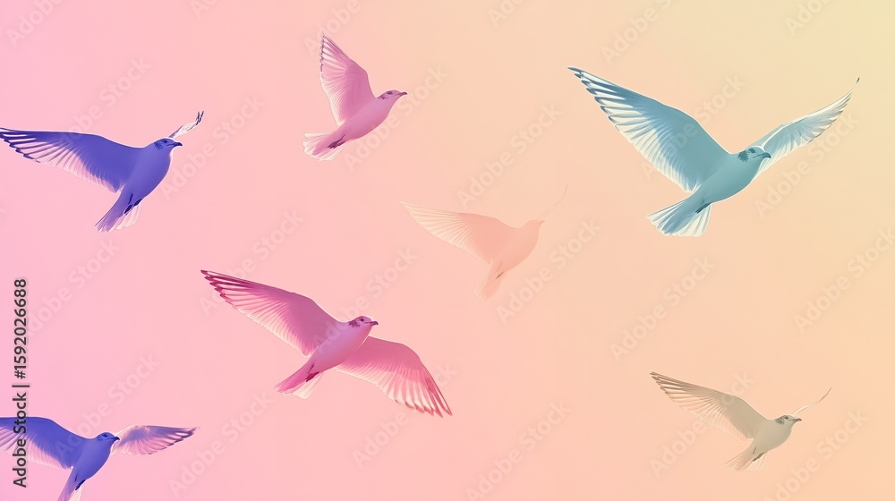 Fototapeta premium Seagulls Flying with Pastel Sky Creative Concept Colorful and Minimal