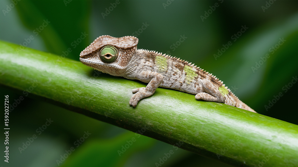 Fototapeta premium Chameleon, reptile, and lizard in camouflage amidst nature and wildlife on a green rainforest branch