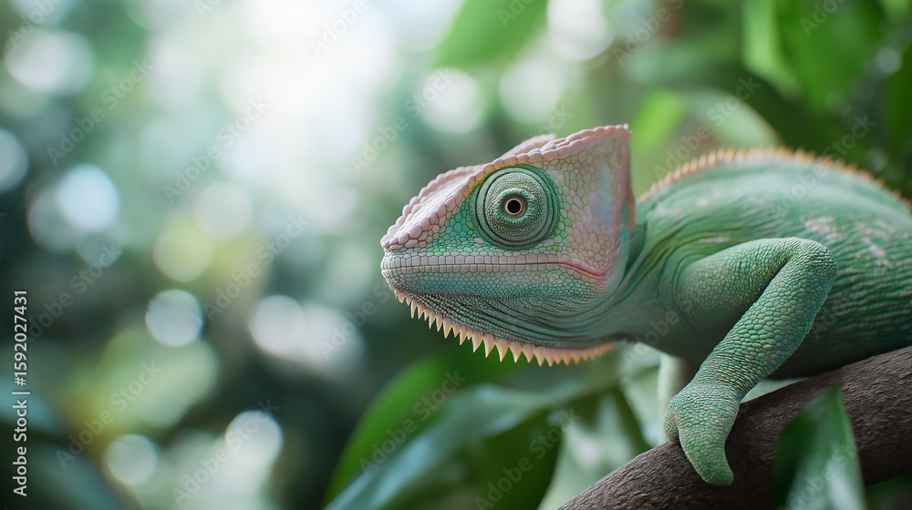 Fototapeta premium Chameleon reptile lizard blending with nature in exotic jungle environment wildlife