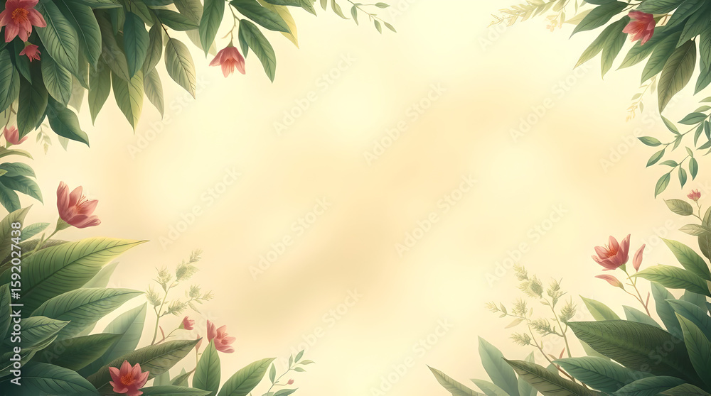 Fototapeta premium Soft Botanical Frame: Gentle Green Leaves and Pink Flowers Background