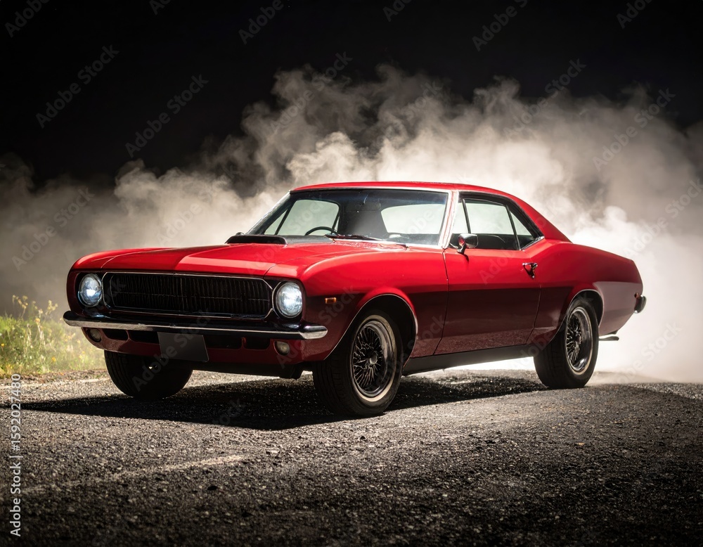 Red classic car at night in smoky environment Red classic car at night in smoky environment