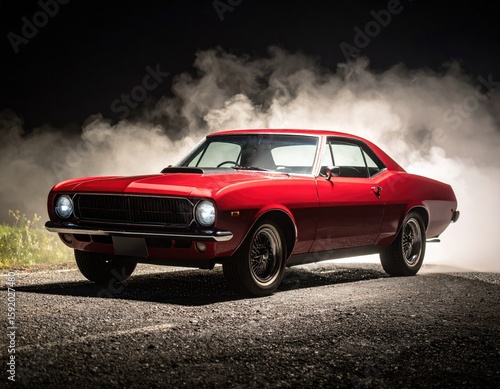 Red classic car at night in smoky environment