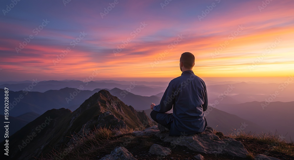 Serene Contemplation Man Meditating Atop Mountain Peak at Sunset, Finding Inner Peace and Mindfulness Amidst Majestic Mountain Views Serene Contemplation Man Meditating Atop Mountain Peak at Sunset, Finding Inner Peace and Mindfulness Amidst Majestic Mountain Views