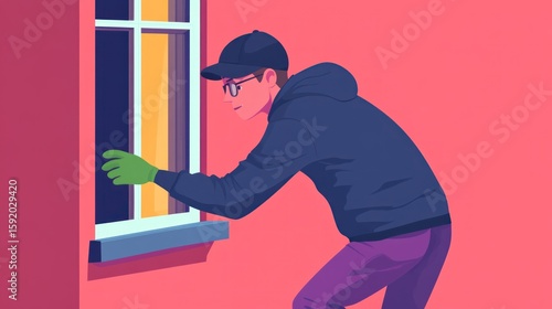A man in a baseball cap and hoodie reaching into a window at night