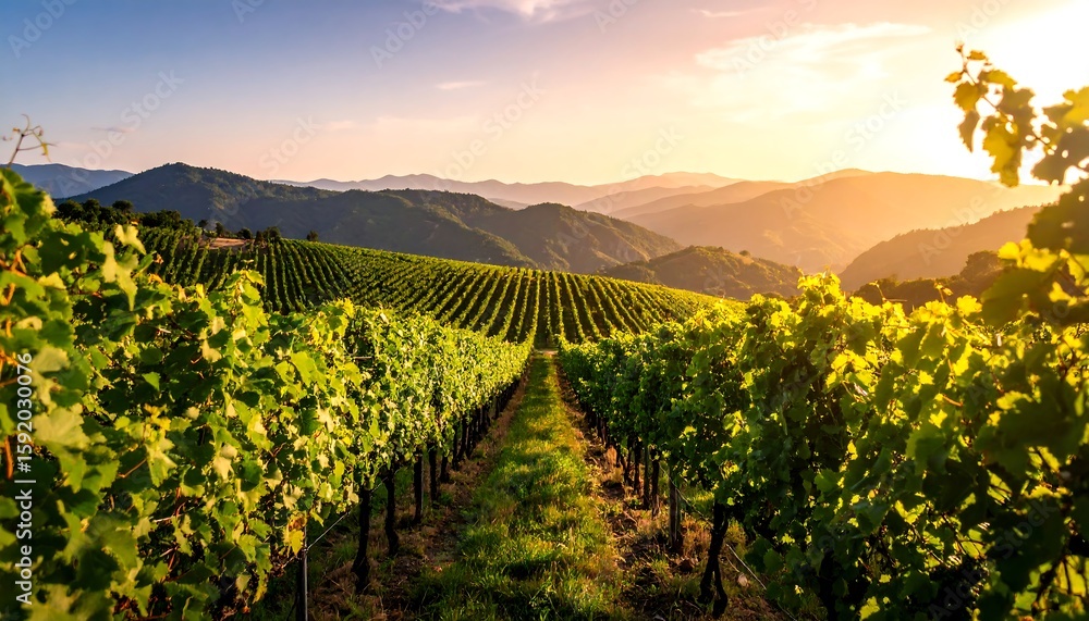 Naklejka premium Lush vineyard rows stretch to golden sunset over mountains
