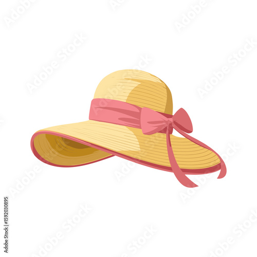 Yellow sun hat with wide pink ribbon in cartoon flat style, summer fashion accessory for beachwear guides, vacation blogs and seasonal product illustrations on transparent background.