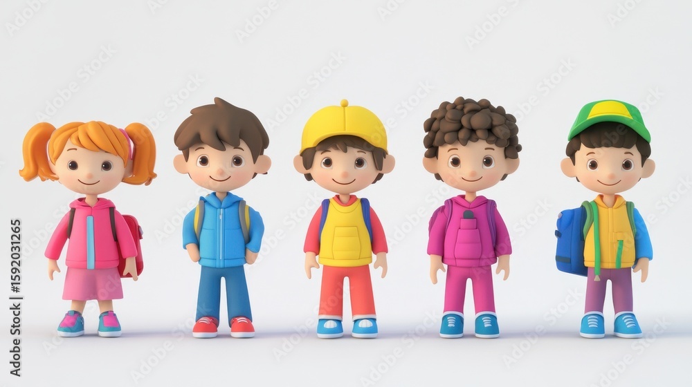 This vibrant illustration features a group of cheerful cartoon children, each wearing colorful outfits and backpacks, showcasing joy and friendship. This vibrant illustration features a group of cheerful cartoon children, each wearing colorful outfits and backpacks, showcasing joy and friendship.