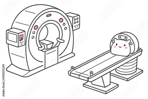 Cartoon MRI Scanner with Cute Character Ready for Examination, Medical Imaging Illustration