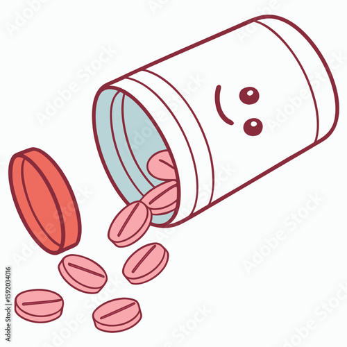 Cartoon Pill Bottle and Pills Spilling Out Medicine Bottle with a Cute Face and Scattered Pills