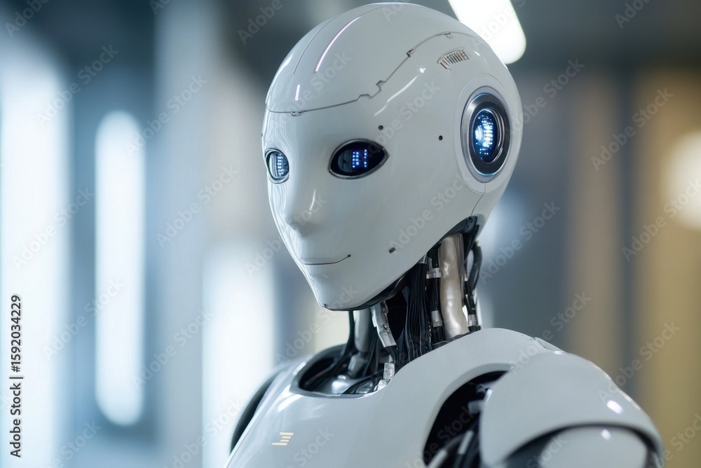Naklejka premium A sleek humanoid robot showcasing advanced technology and design in a contemporary environment. This robot symbolizes innovation and the future of automation.