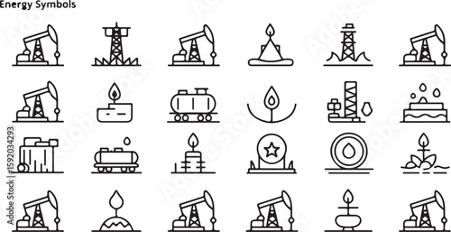 Black and white line art icons of energy industry and symbols
