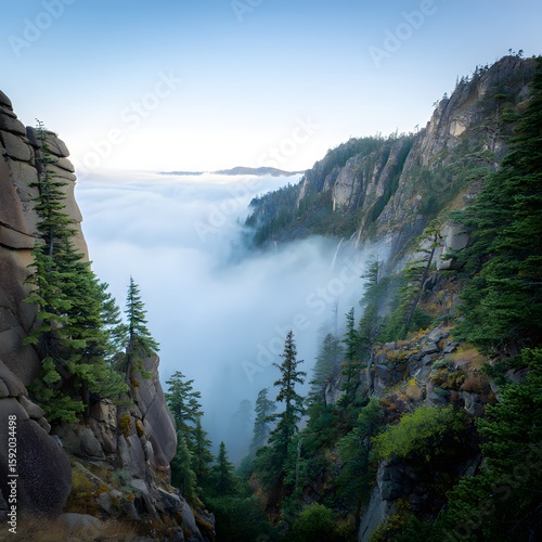 Misty Gorge Landscape with Evergreen Trees and Cloudy Valley