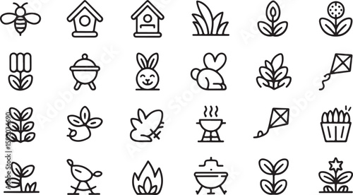 Black and white line art icons of nature and spring themes