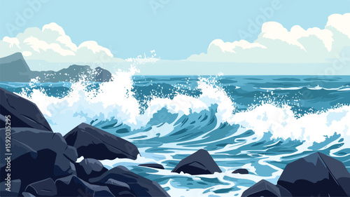 Powerful Ocean Waves Crashing on Coastal Rocks in Dramatic Seascape Image