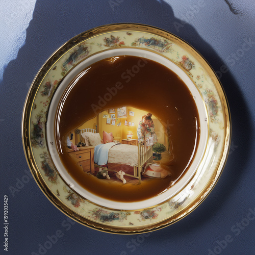 Artistic coffee photography with a surreal reflection inside a cup, showing a cozy room interior. Creative concept art for cafés, restaurants, lifestyle blogs, or surreal design projects.