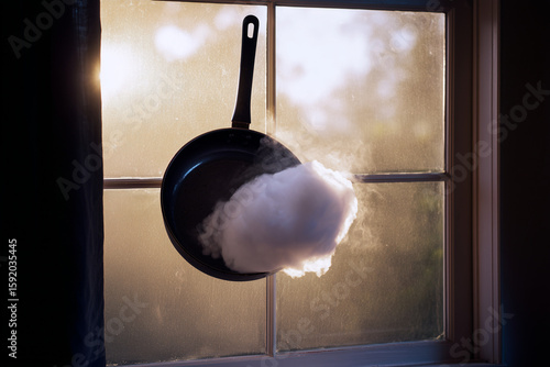 Minimalist photo of a pan filled with rice, placed against a window with warm natural light. A calm and rustic food still life – perfect for kitchen wall art or culinary-inspired decor.