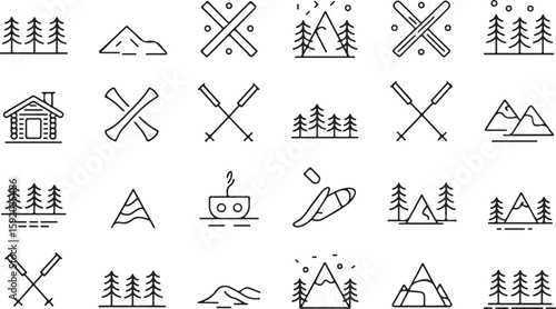 Black and white line art icons of winter nature and activities