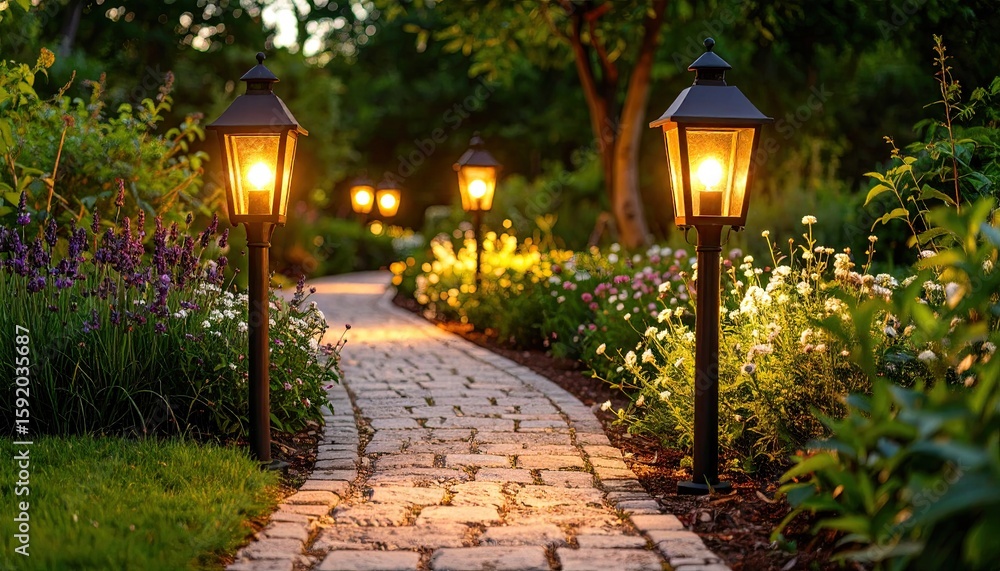 Obraz premium Evening garden path with lanterns