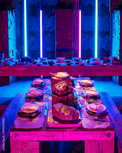 Colorful dessert table with cupcakes illuminated by neon lights in a futuristic setting. Perfect for party posters, modern food photography, and vibrant cafe wall decor.
