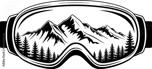 Mountain landscape scene reflected inside a pair of ski goggles