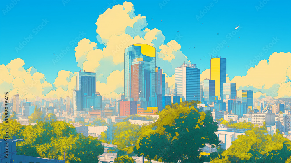 Obraz premium 巨大な入道雲が都会の空に浮かび上がる、夏の都市のノスタルジックな1980年代風レトロアート｜昭和アニメ、シティポップ、ビル街、青空、夏の風景、風通しの良い街角、レトロ感、懐かしの都市風景