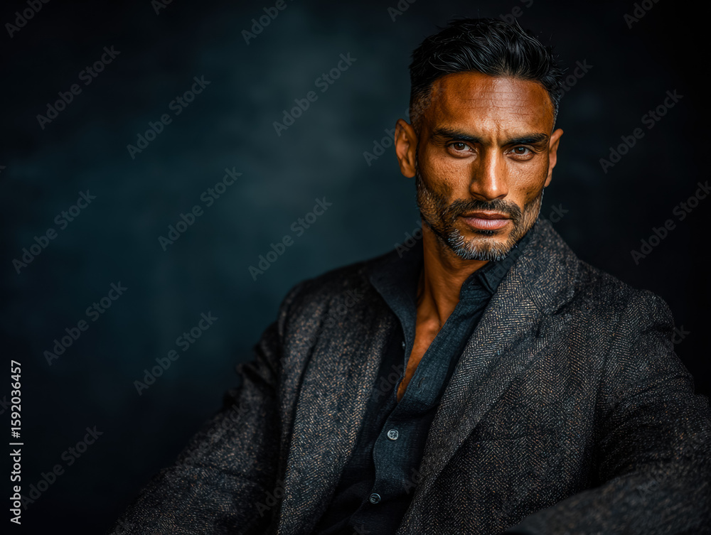 Fototapeta premium Stylish confident man in dark textured blazer and black shirt against dark background