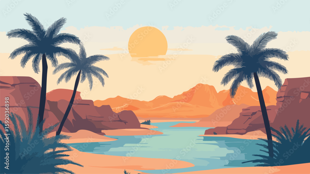 Fototapeta premium Serene Desert Oasis with Palm Trees by River, Nature Landscape Scene
