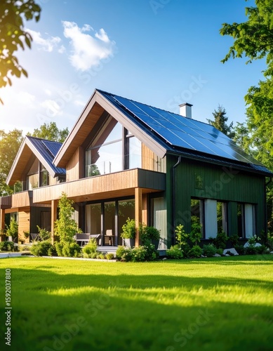 Modern eco-friendly house with solar panels