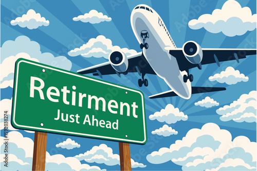 retirement green road sign airplane above illustration clipart