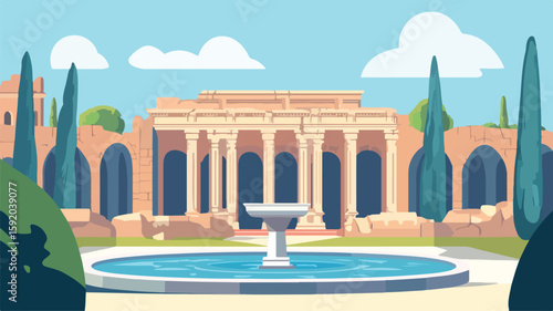Ancient Roman Ruins with Fountain and Arch for Stock Photos