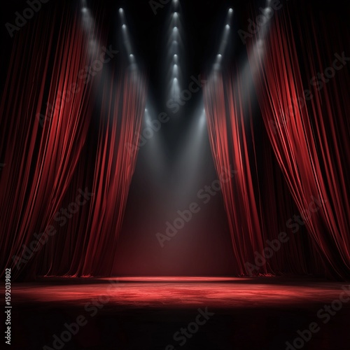 Red Stage Curtains with Spotlights: Dramatic red velvet curtains frame an empty stage bathed in the ethereal glow of multiple spotlights, creating a captivating atmosphere of anticipation and mystery.