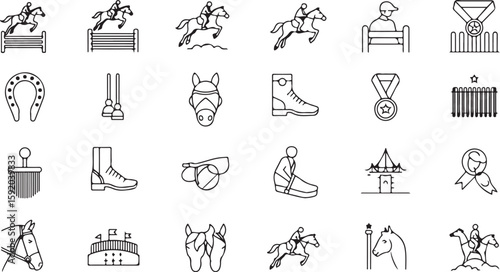 Equestrian horse riding sport icons set jump