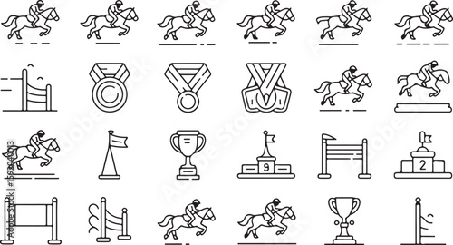 Equestrian sport icons horse jumping medals and trophies
