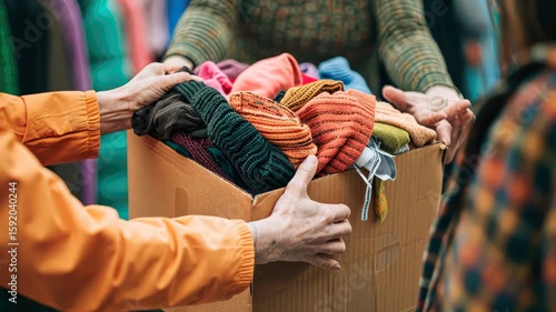 Woman donates clothes to charity, hands over box to grateful volunteer. International Day of Charity, September 5