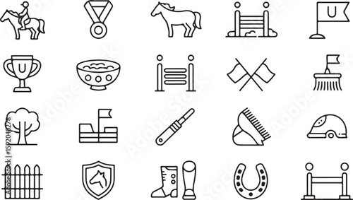 Horse riding competition icons set black line art vector