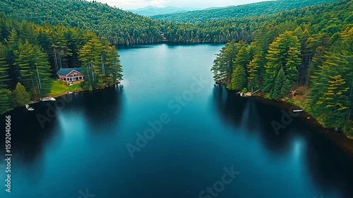 Aerial View of Lake Placid and Forest Landscape in Adirondack Mountains, New York
