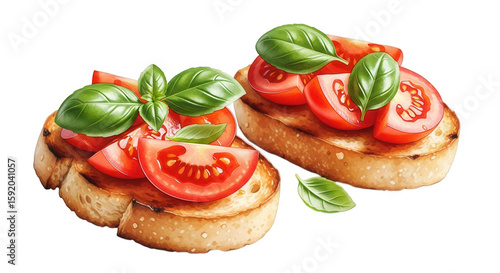  Italian Bruschetta with Tomato and Basil, Food Illustration.
