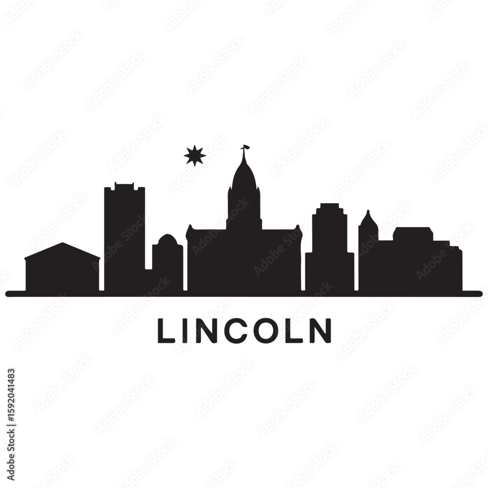 Naklejka premium Lincoln, Nebraska city skyline. Negative space city. Vector black silhouette. with white background