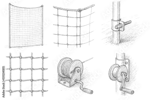 backstop safety net foul ball mesh steel cable tension pole anchor clamp UV treated nylon net retractable winch system hand drawn pencil sketch style isolated