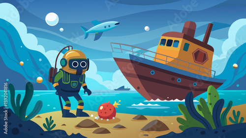 Diver approaching underwater shipwreck